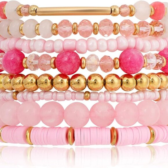 Bohemian Multi-Layer Beaded Bracelets 8 Pcs Set Stacking Stretch Pink Crystal - Picture 1 of 9